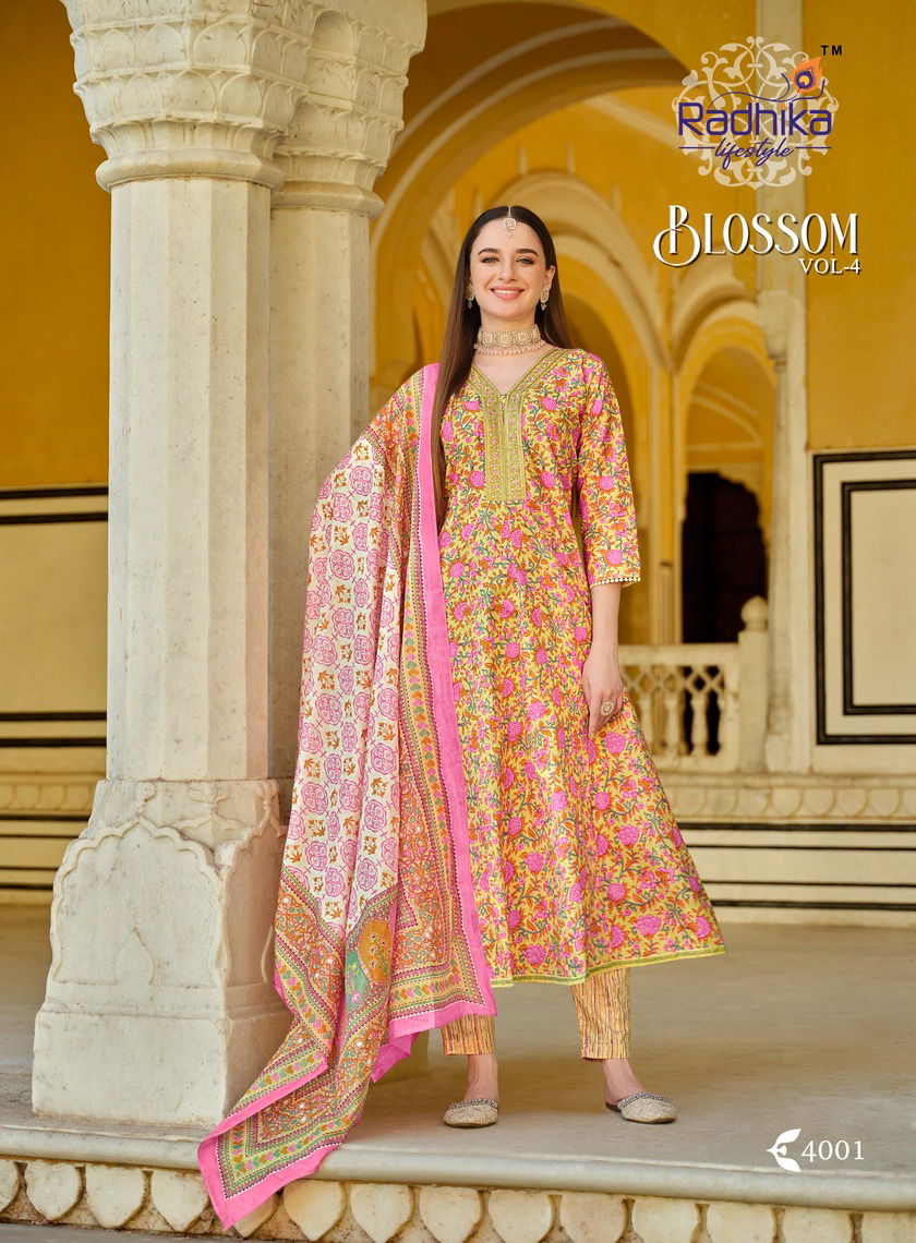Blossom Vol 4 By Radhika Cotton Printed Long Kurti With Bottom Dupatta Wholesale Shop In Surat

